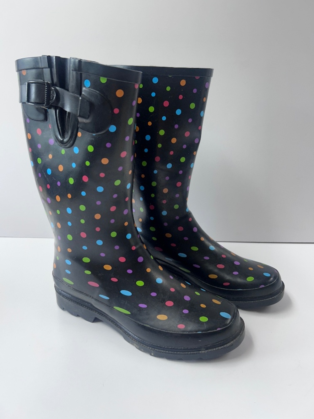 Womens Western Chief Black Polka Dot Rubber Rain Boot Size 8 Buckle Waterproof